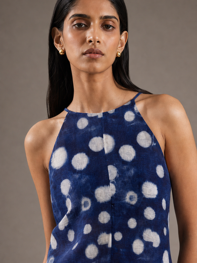 Moonlit Tides satin coord set top in blue with white polka dots, halter neckline
