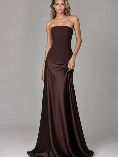 Exclusives burgundy strapless bodice evening tube maxi dress with satin skirt