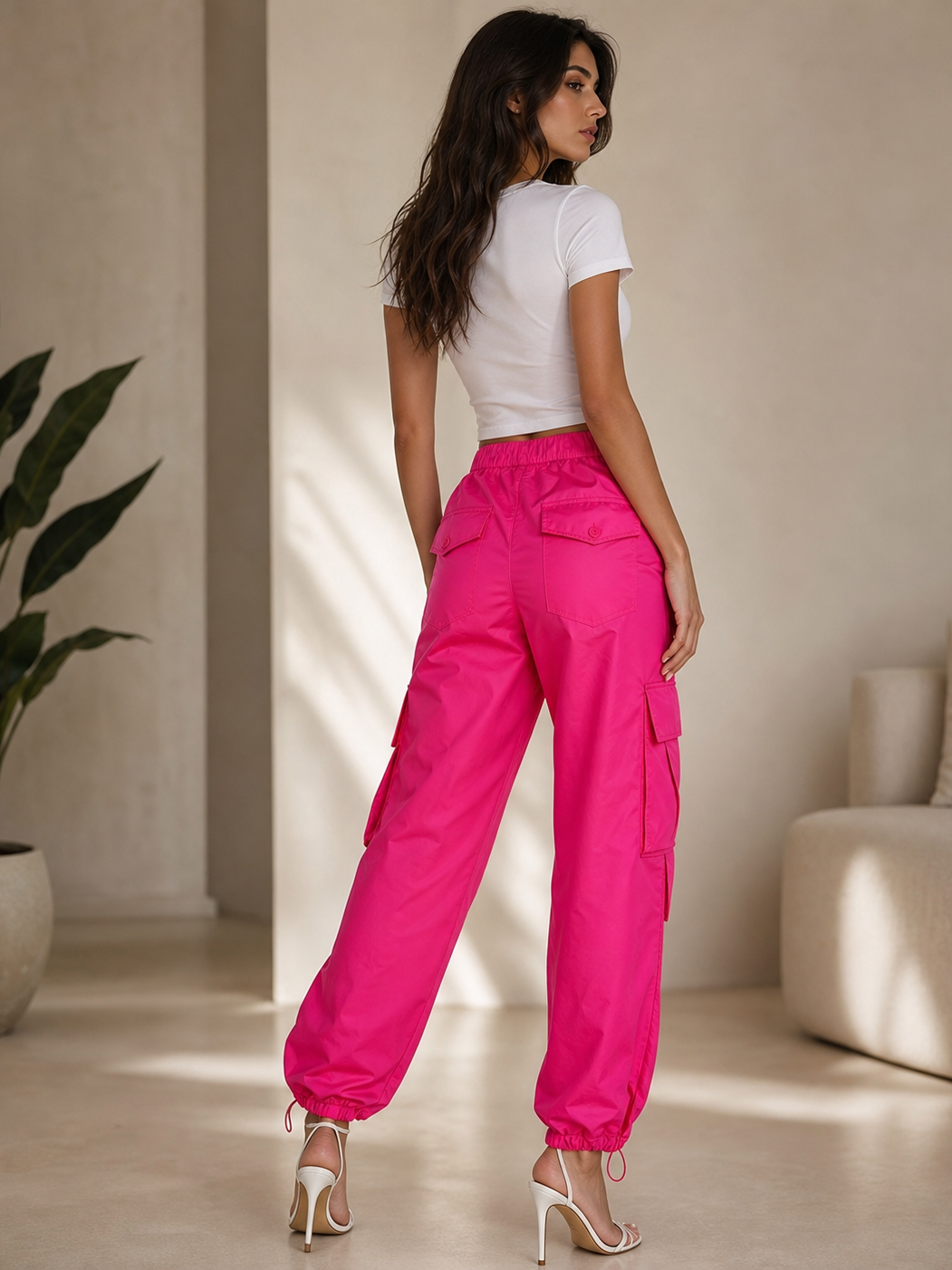 Wide Leg Cargo Pants on sale in bright pink with cargo pockets and elastic cuffs
