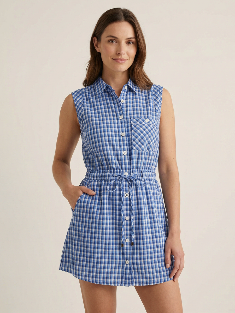 Blue checked sleeveless shirt dress with button-down front, chest pocket, drawstring waist, and side pockets.