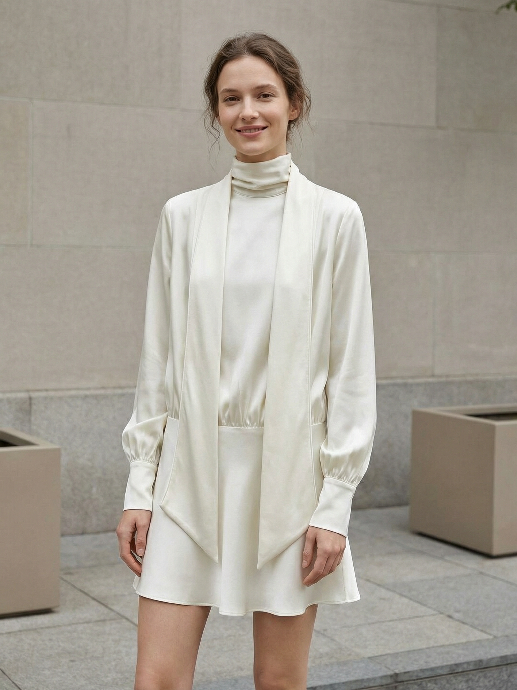 Satin Tie-Neck Tunic Mini Dress in ivory with long sleeves and draped front.