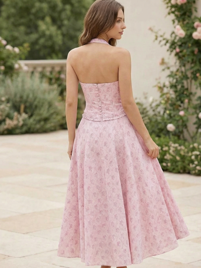 Floral halter corset swing maxi dress