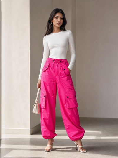 Wide Leg Cargo Pants in pink, with cargo pockets, drawstring waist, elastic cuffs