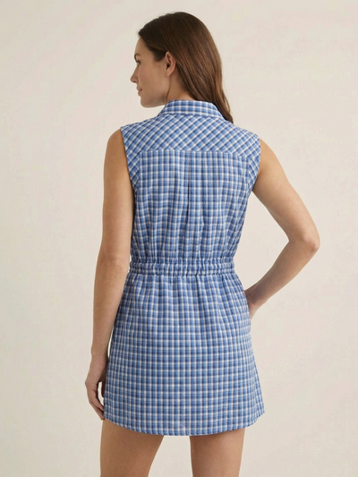 Blue Checked Sleeveless Shirt Dress With Drawstring Waist