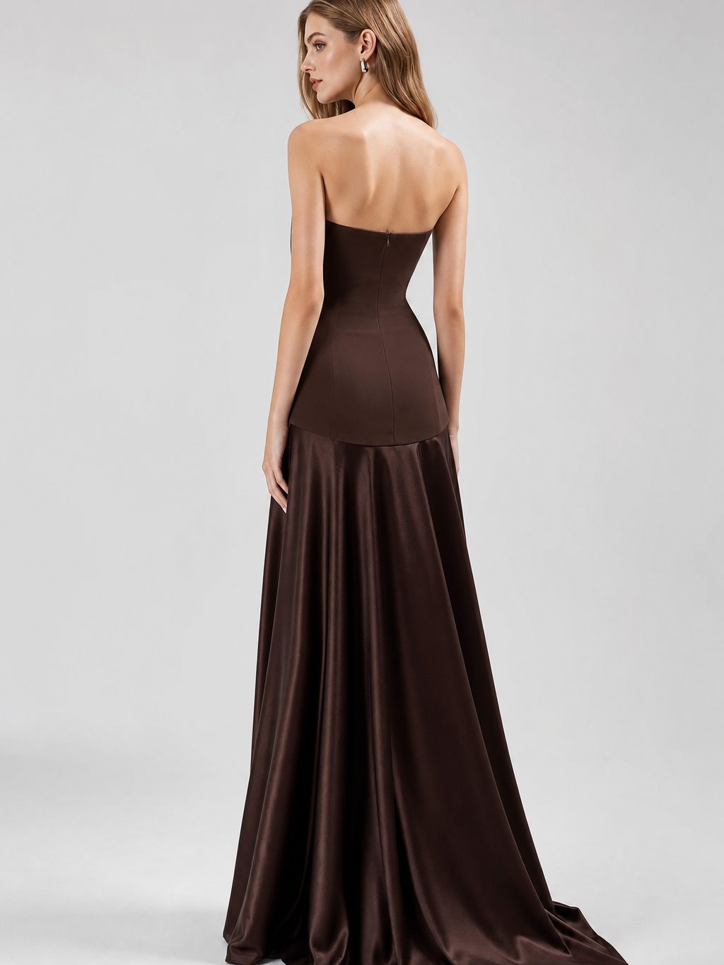 Burgundy strapless bodice evening tube maxi dress by Exclusives with satin skirt, back view