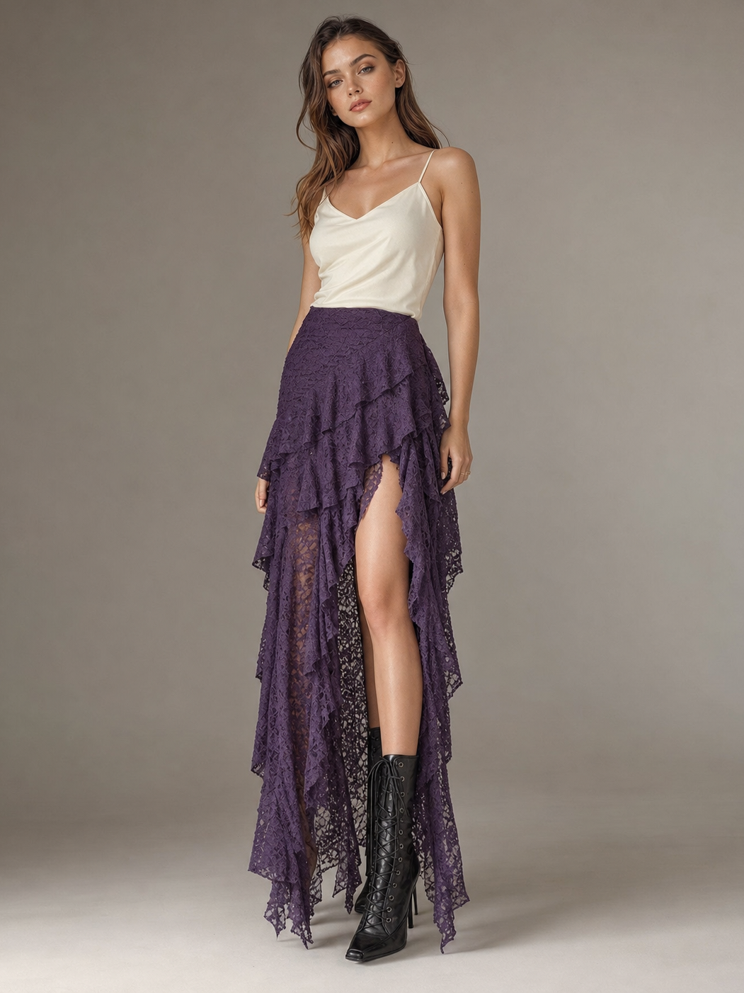 Midnight Ruffle Lace Maxi Skirt by Exclusives; deep purple lace with layered high-low hem.