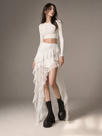 Midnight Ruffle Lace Maxi Skirt by Exclusives, white lace, high-low layered design.