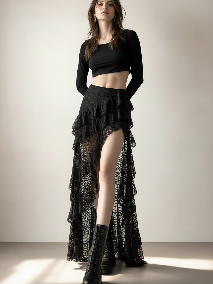 Midnight Ruffle Lace Maxi Skirt, black lace with tiered ruffle layers