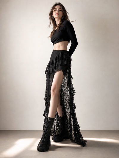 Midnight Ruffle Lace Maxi Skirt on sale by Exclusives, black lace with tiered ruffles and high-low hem