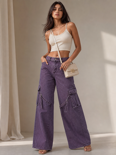 Denim Cargo Wide Leg High Waist Pant on sale by EXCLUSIVES in purple denim with cargo pockets