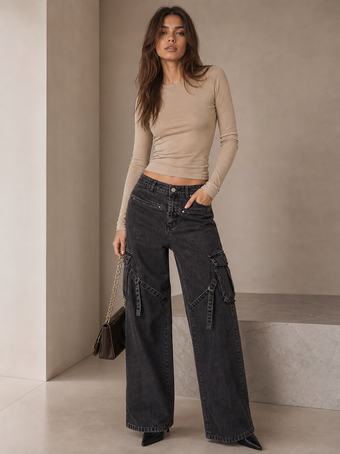 Denim Cargo Wide Leg High Waist Pant by EXCLUSIVES, black denim with cargo pockets.