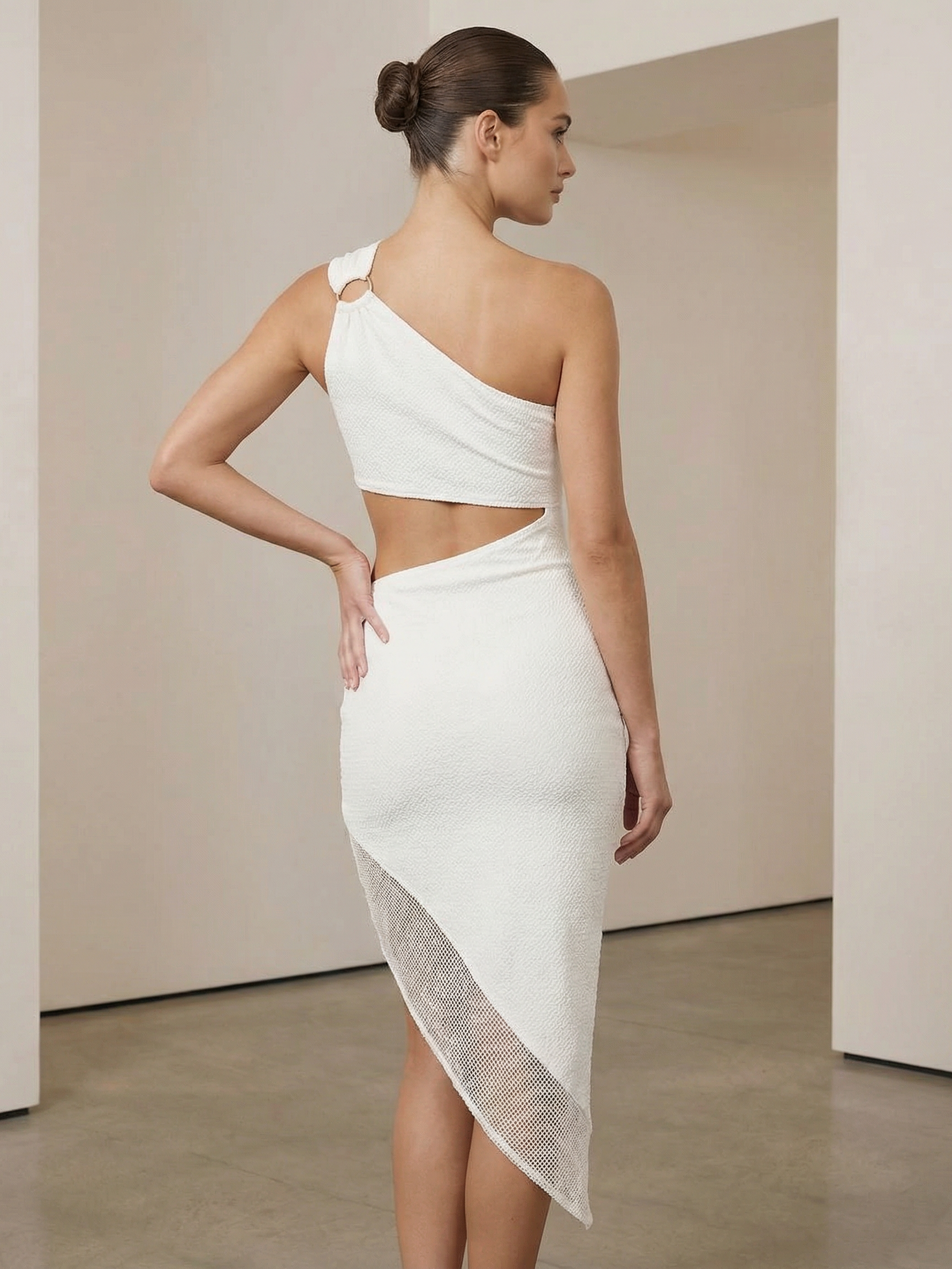 One‑shoulder cut‑out asymmetric midi dress