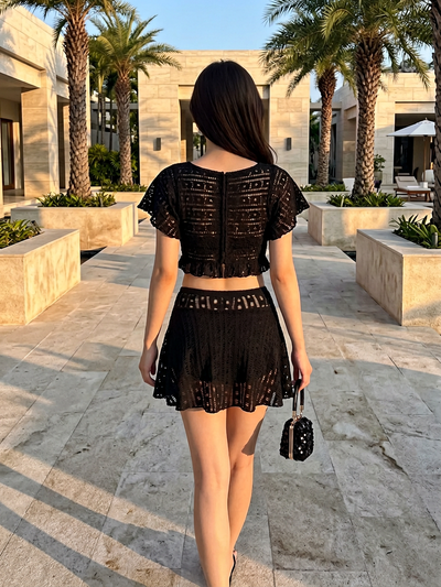 Crochet Flutter Sleeve Crop Top & Skater Skirt Set by Exclusives, black 2-piece outfit