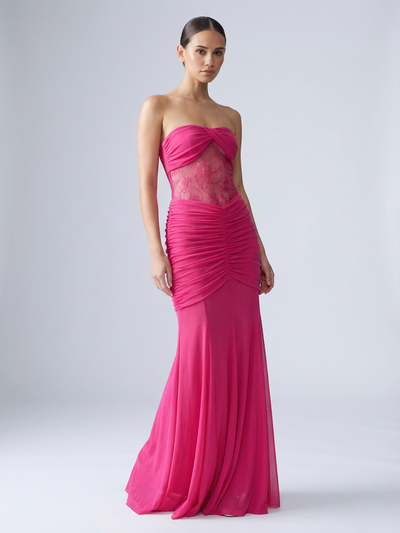 Sheer Ruched Strapless Maxi Dress
