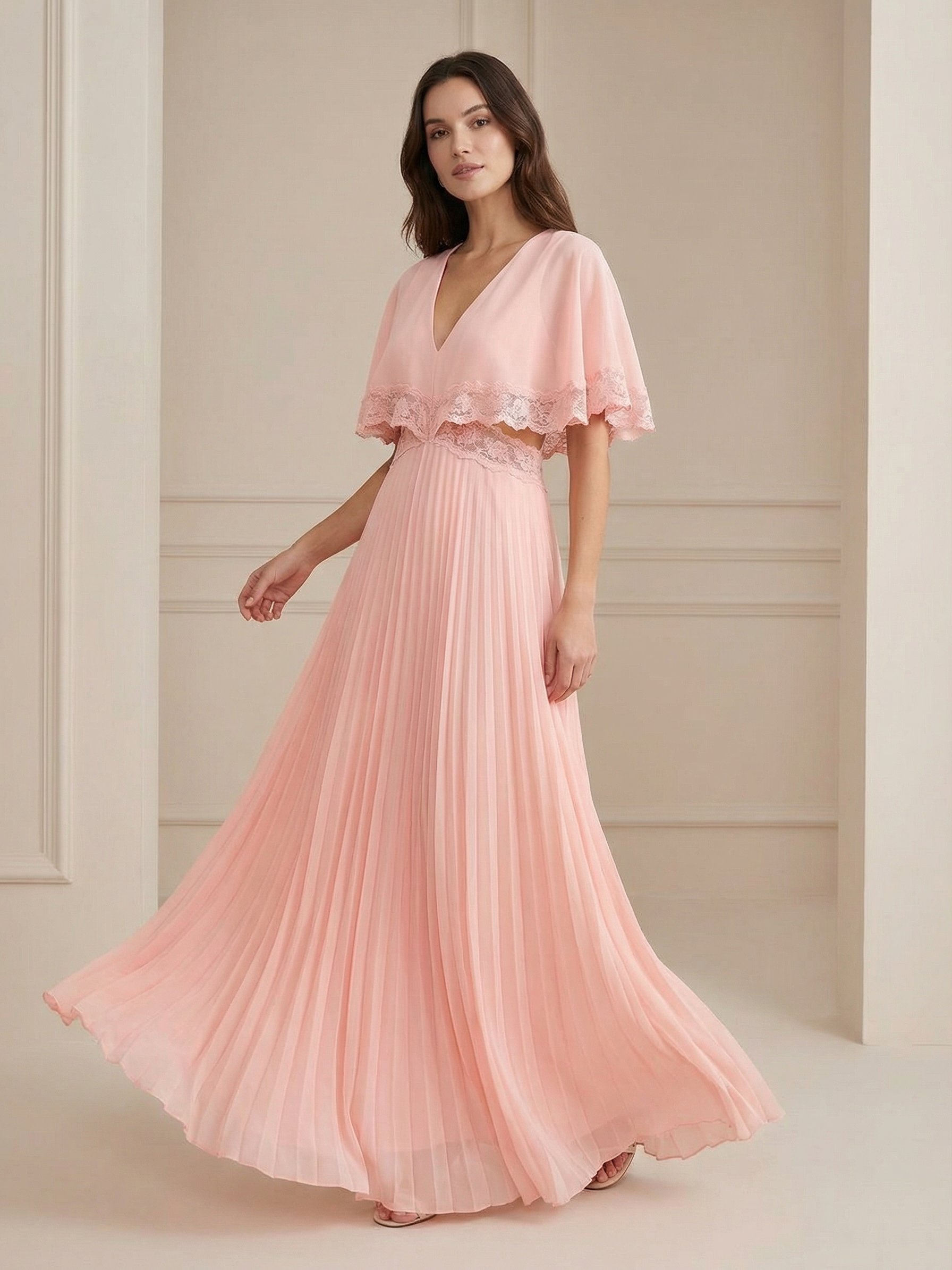 Lace Trim Pleated Cape Sleeve Maxi Dress