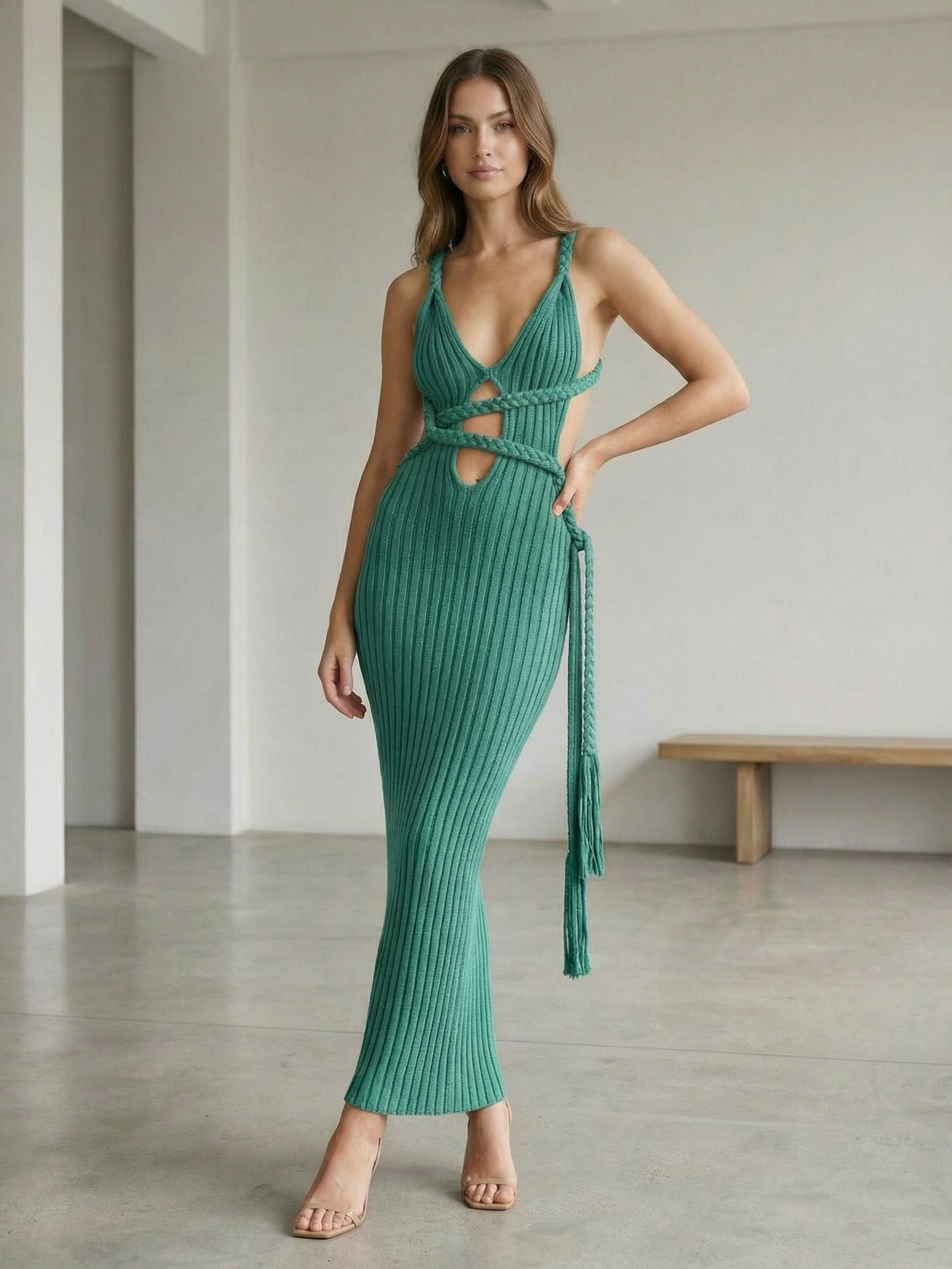 Braided Strap Ribbed Knit Cutout Bodycon Dress