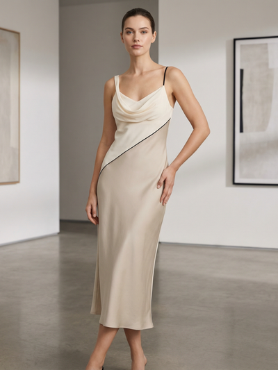 Two-Tone Asymmetrical Strap Slip Midi Dress