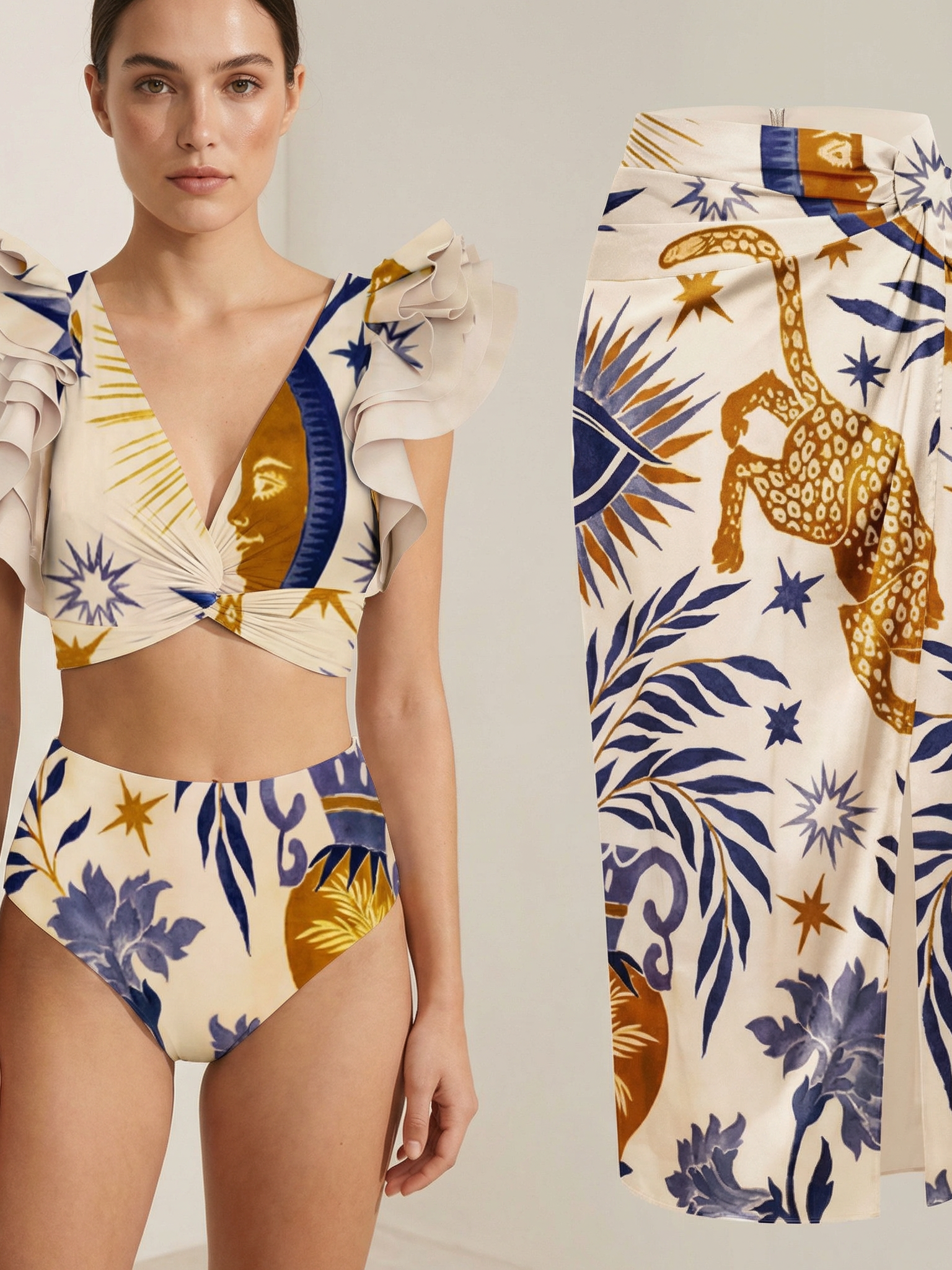 Celestial Jaguar ruffle bikini and wrap skirt combo set by Swimwears in cream with blue and gold print