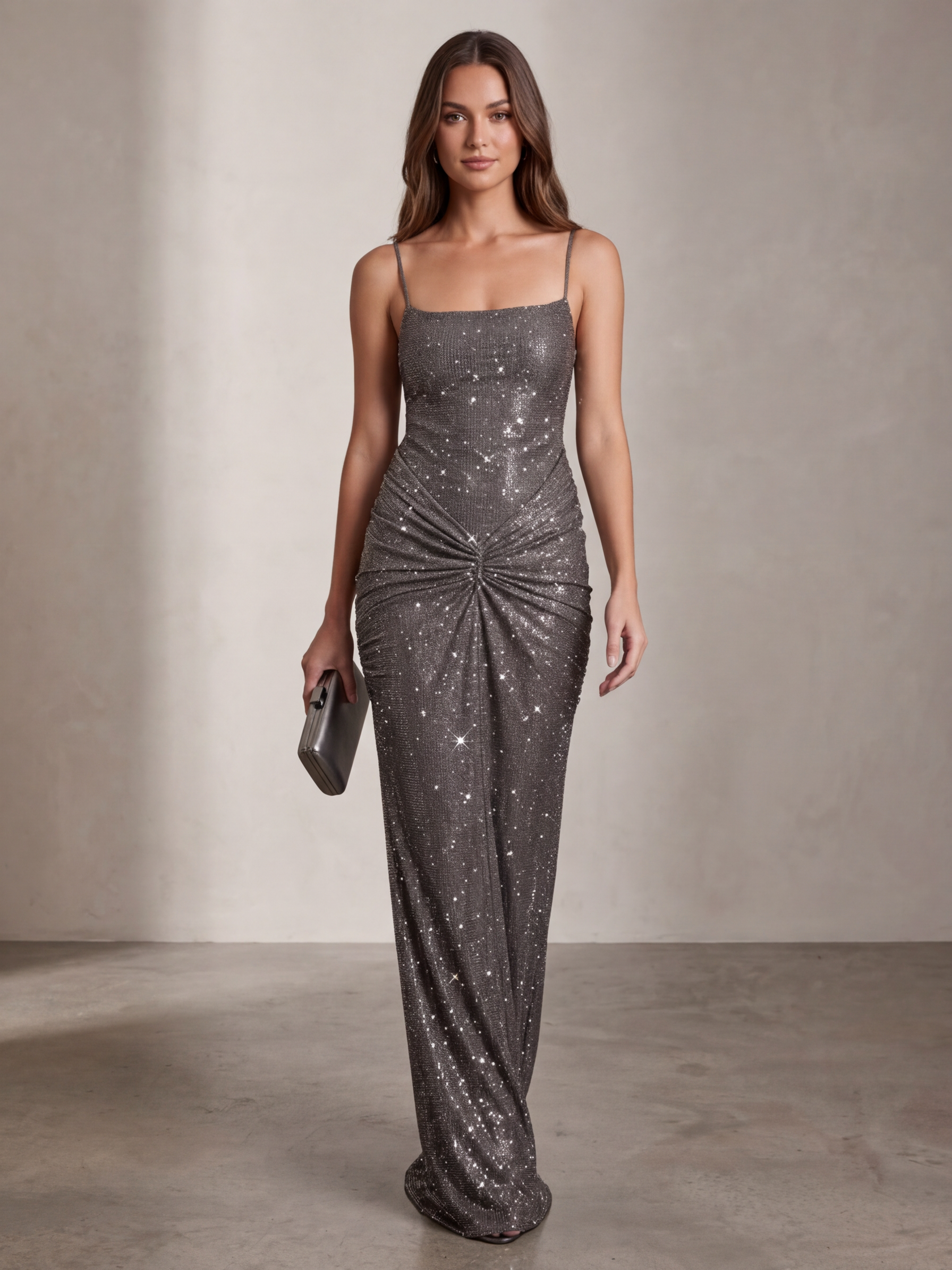 Sparkling Ruched Crystal Maxi Dress by Exclusives; silver sequin fabric, floor-length gown.
