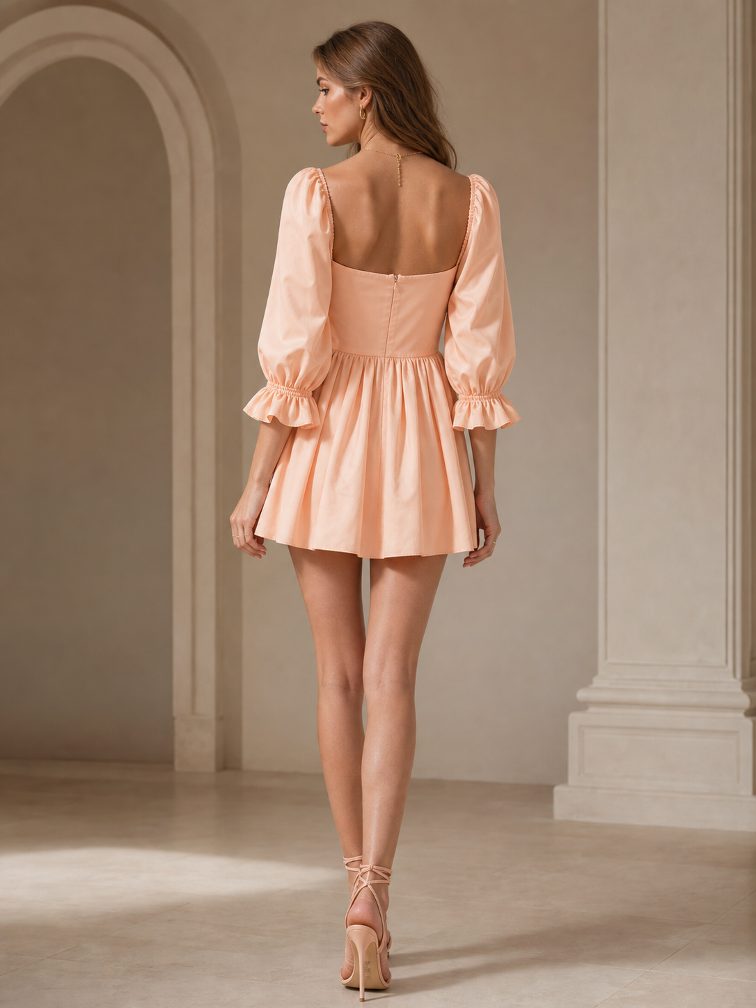 Puff Sleeves Short Flare Dress in peach with back zipper.