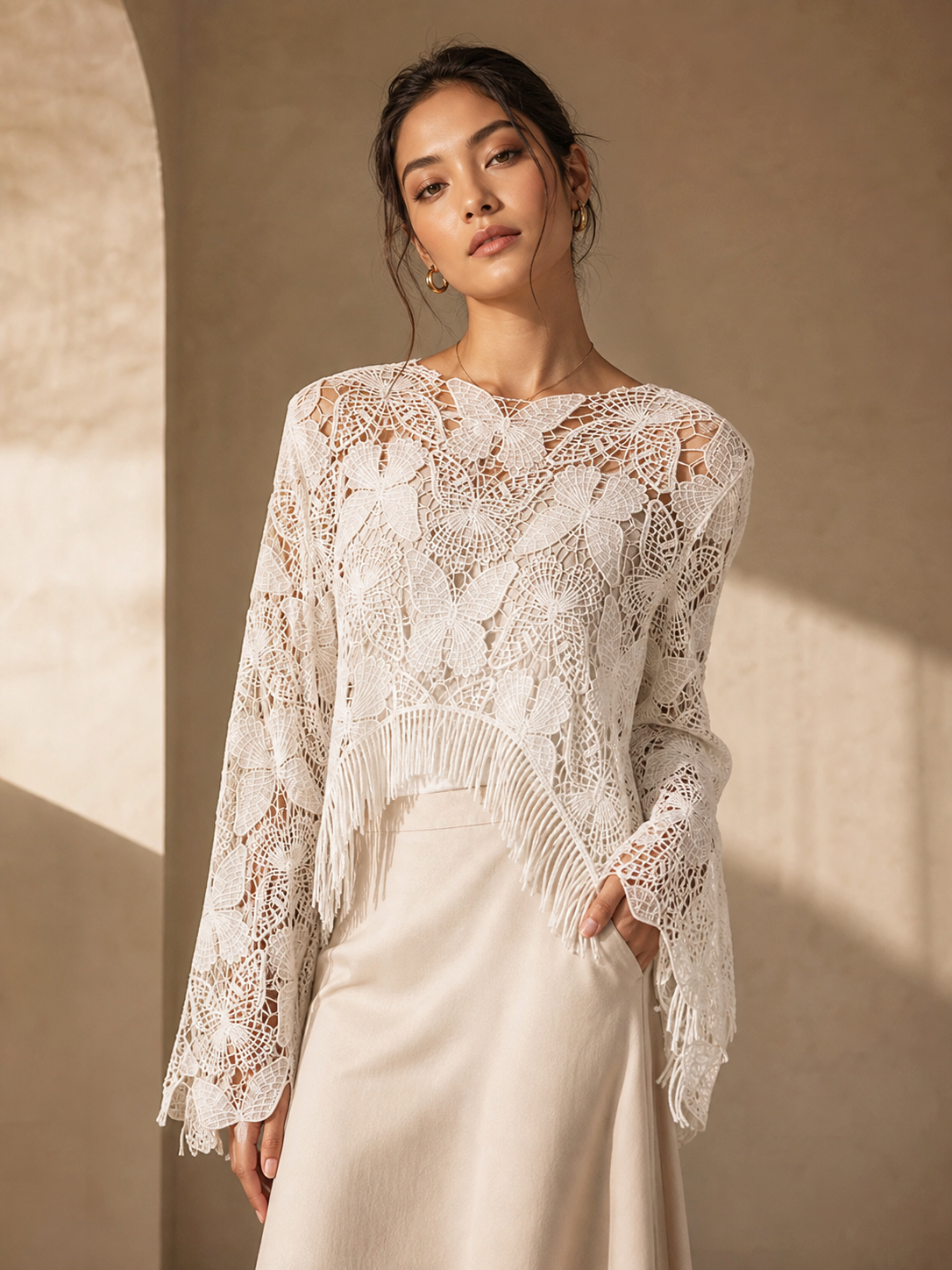 Exclusives Butterfly Hollow CutOut Tassel Crochet Top on sale, white lace with fringe hem