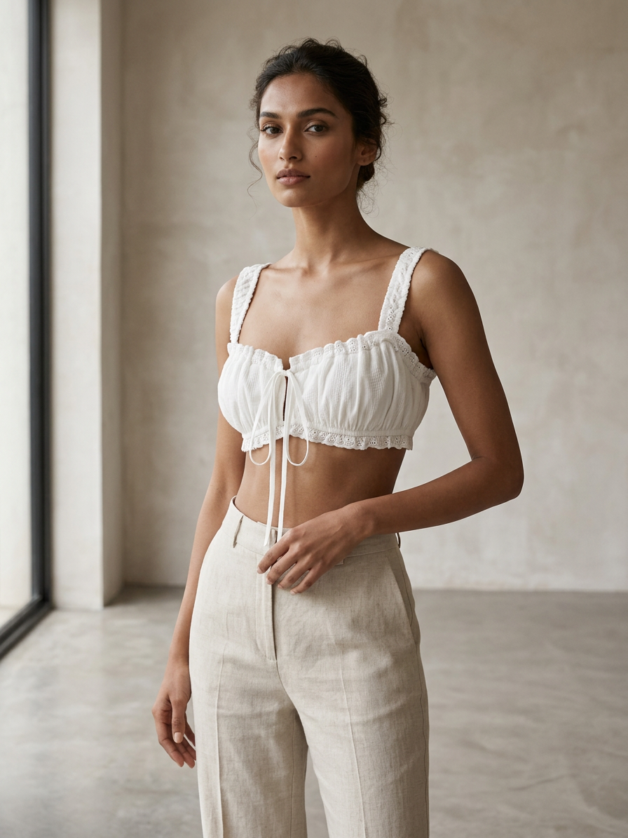 Summer Muse Tie-Front Bralette Top, white lace bralette with scalloped edges and tie front