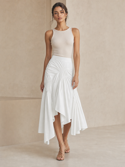 A-Line Pleated Ruffle Ruched Skirt, EXCLUSIVES, white fabric, on sale