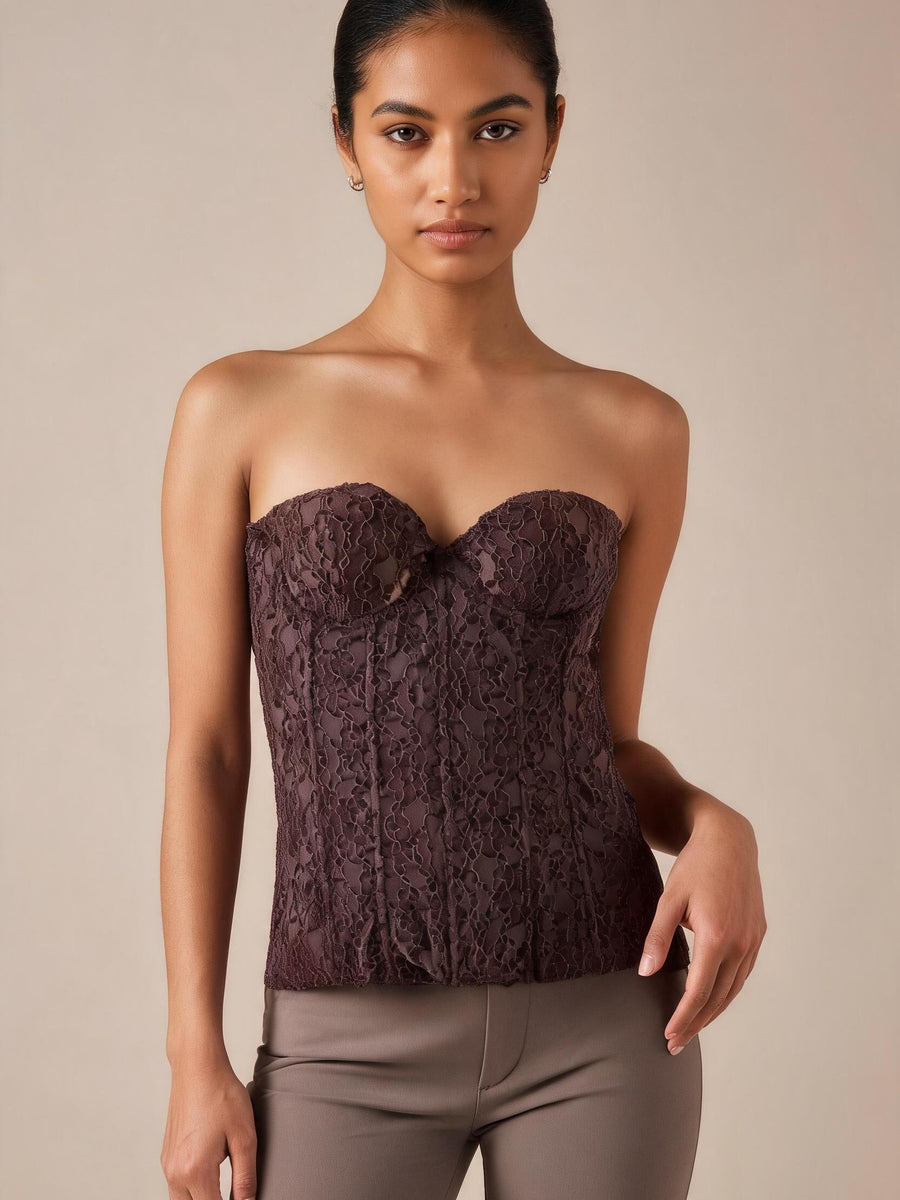 Midnight Muse Lace Bustier Top, strapless burgundy lace by Exclusives
