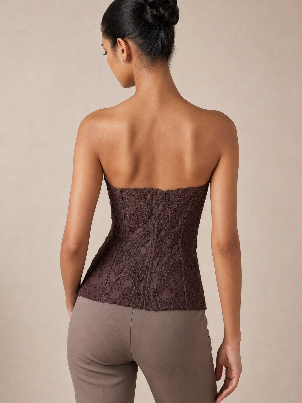 Midnight Muse Lace Bustier Top, strapless brown lace blouse by Exclusives
