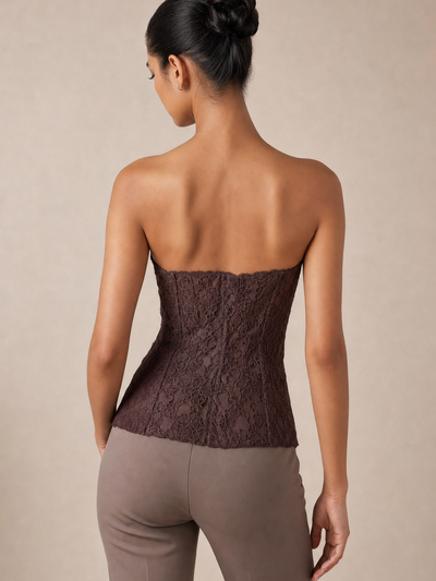 Midnight Muse Lace Bustier Top, strapless brown lace blouse by Exclusives