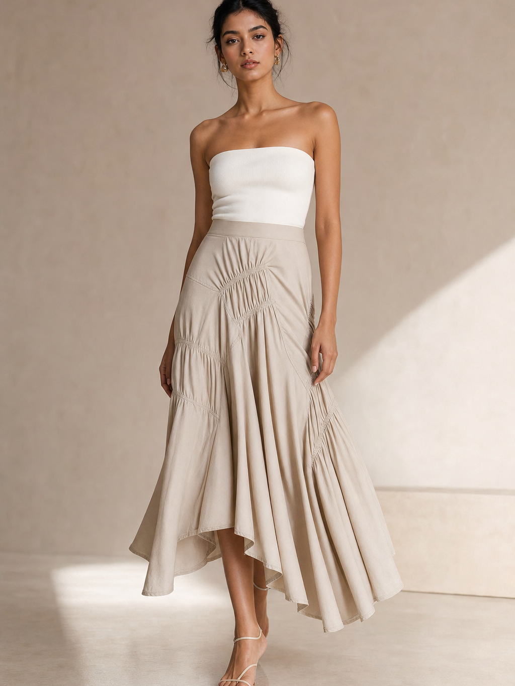 A Line Pleated Ruffle Ruched Skirt by EXCLUSIVES; beige high-low A-line skirt.