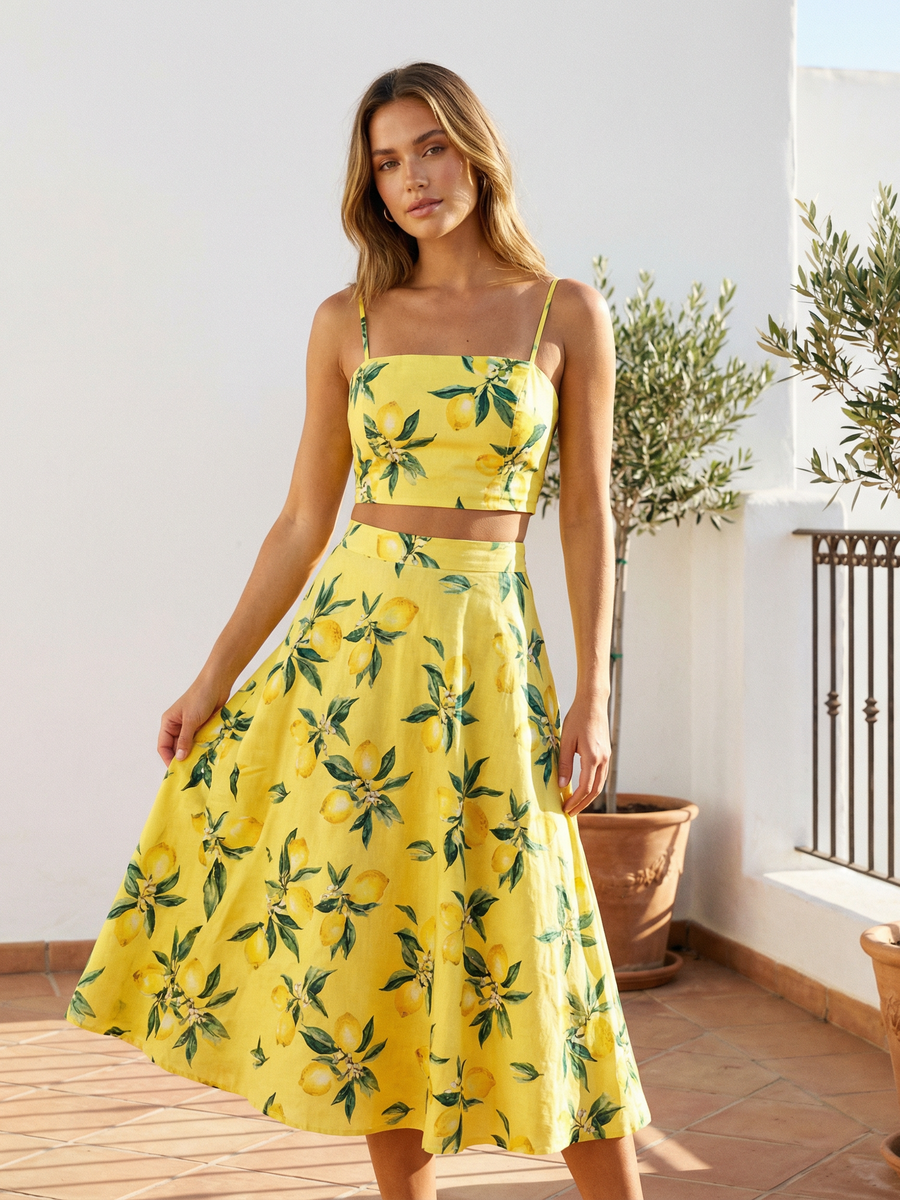 Printed crop top and midi skirt co‑ord set