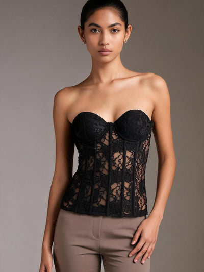 Midnight Muse Lace Bustier Top, black lace strapless corset-style top.