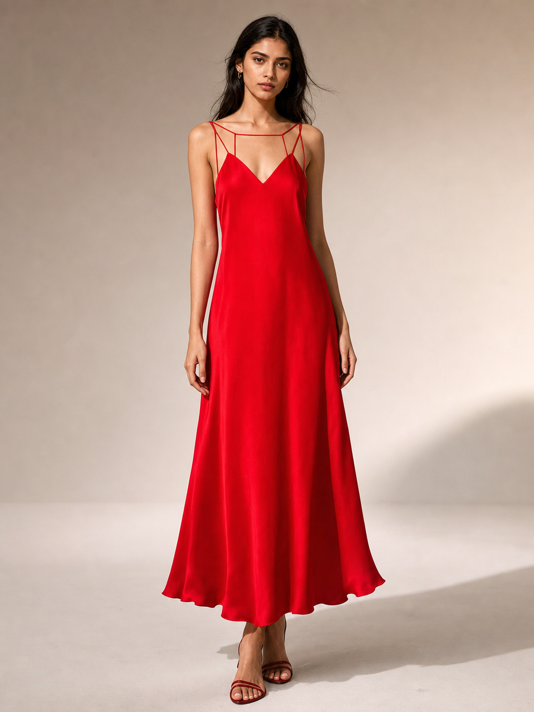 Spaghetti-strap red backless satin maxi dress by EXCLUSIVES on a model