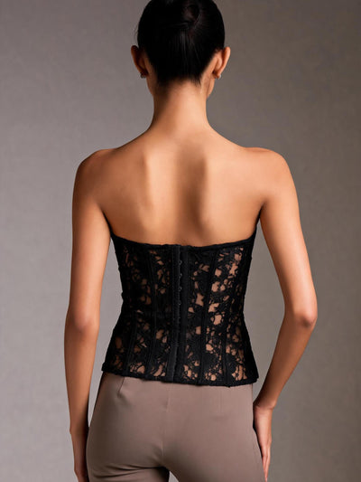 Midnight Muse Lace Bustier Top by Exclusives; black lace, strapless with back hook closures.
