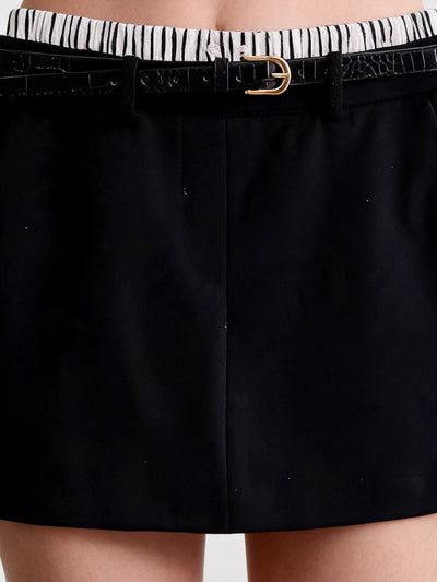 Black Skorts with Belt featuring a gold buckle and striped elastic waistband