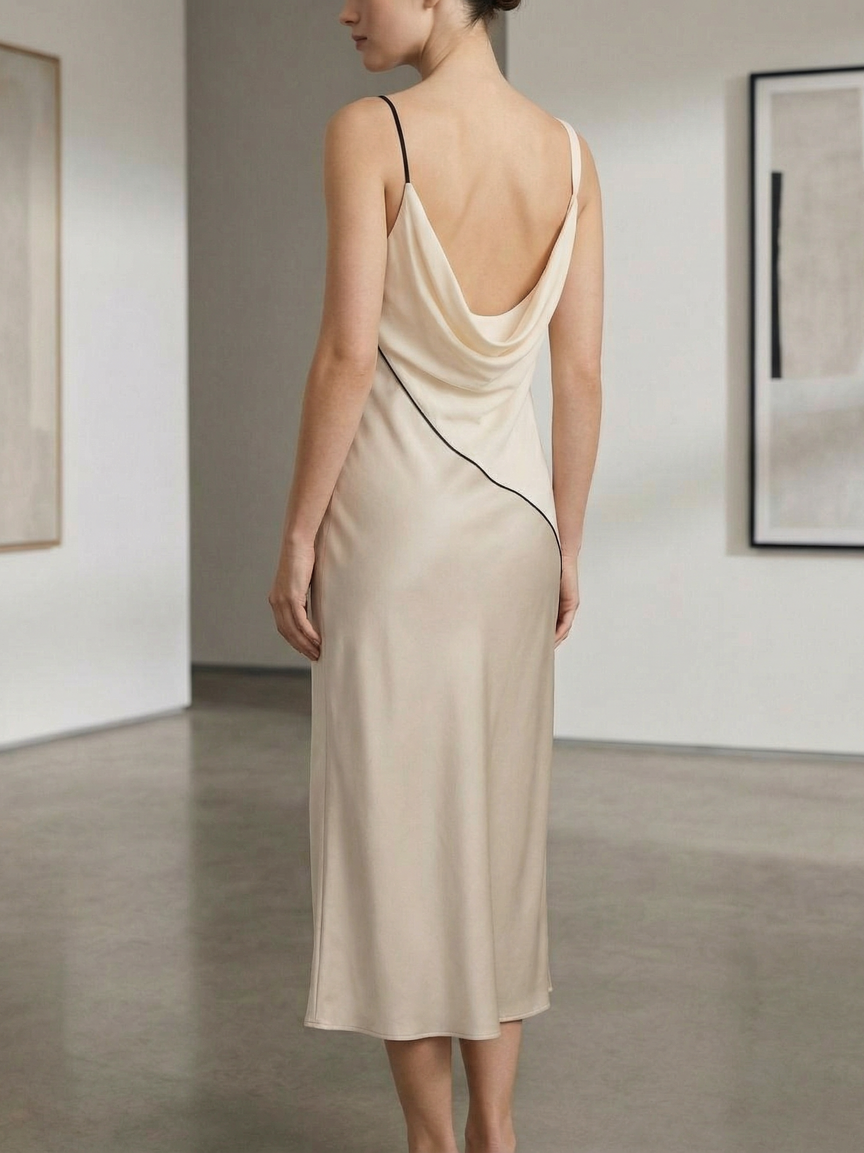 Two-Tone Asymmetrical Strap Slip Midi Dress