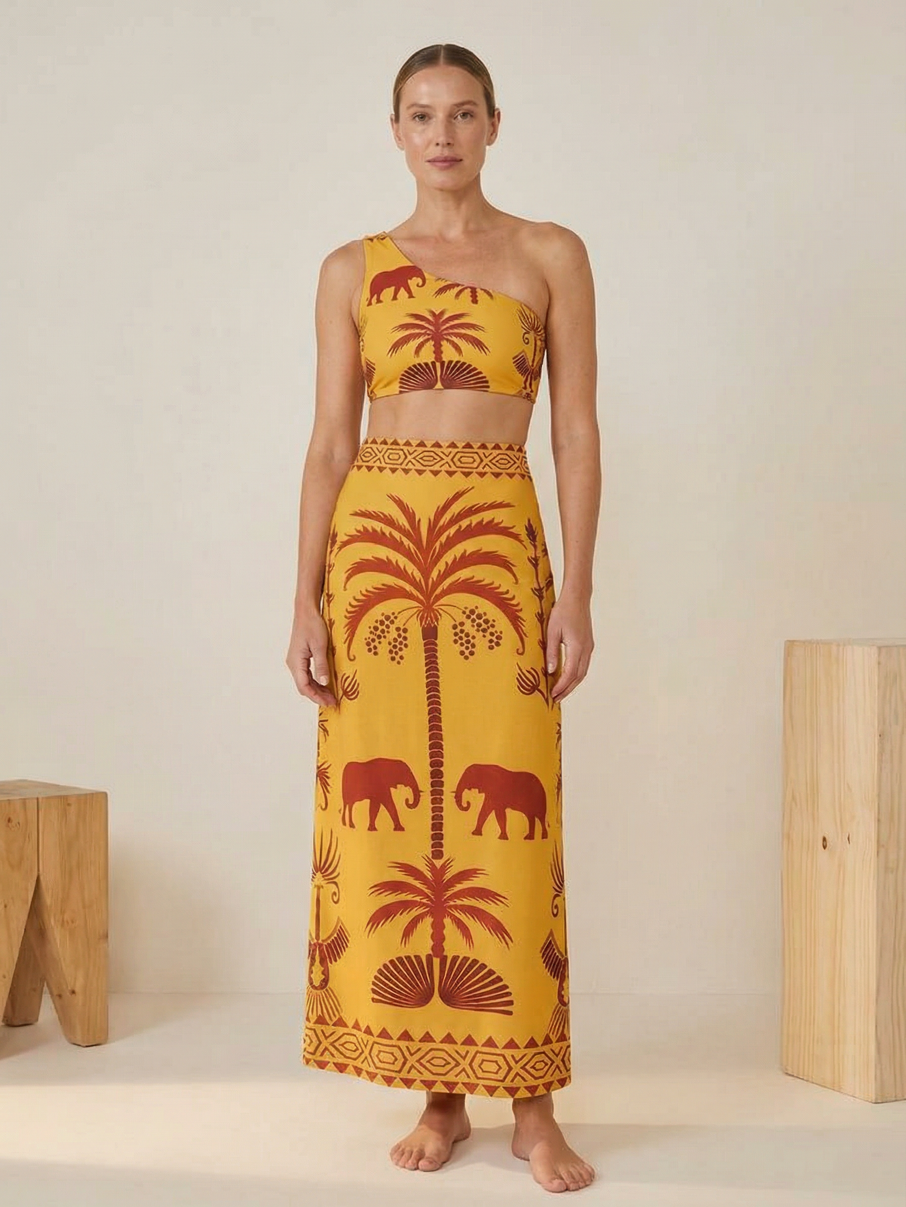 Safari Sunset one-shoulder swimsuit & maxi skirt set, 2-piece mustard yellow with palm and elephant print, Exclusives