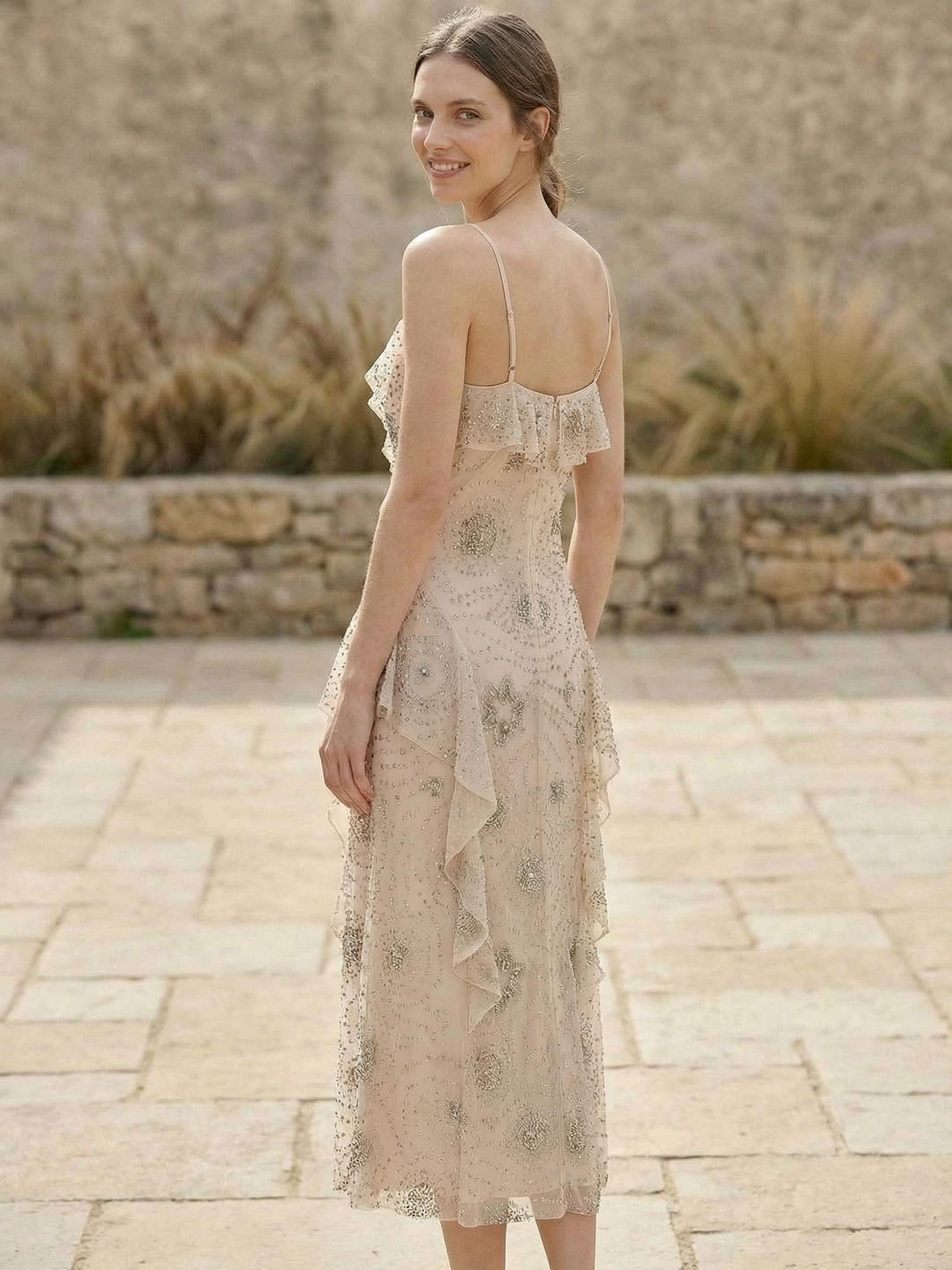 Celestial Ruffle Embellished Midi Dress, beige lace with subtle beading by Exclusives