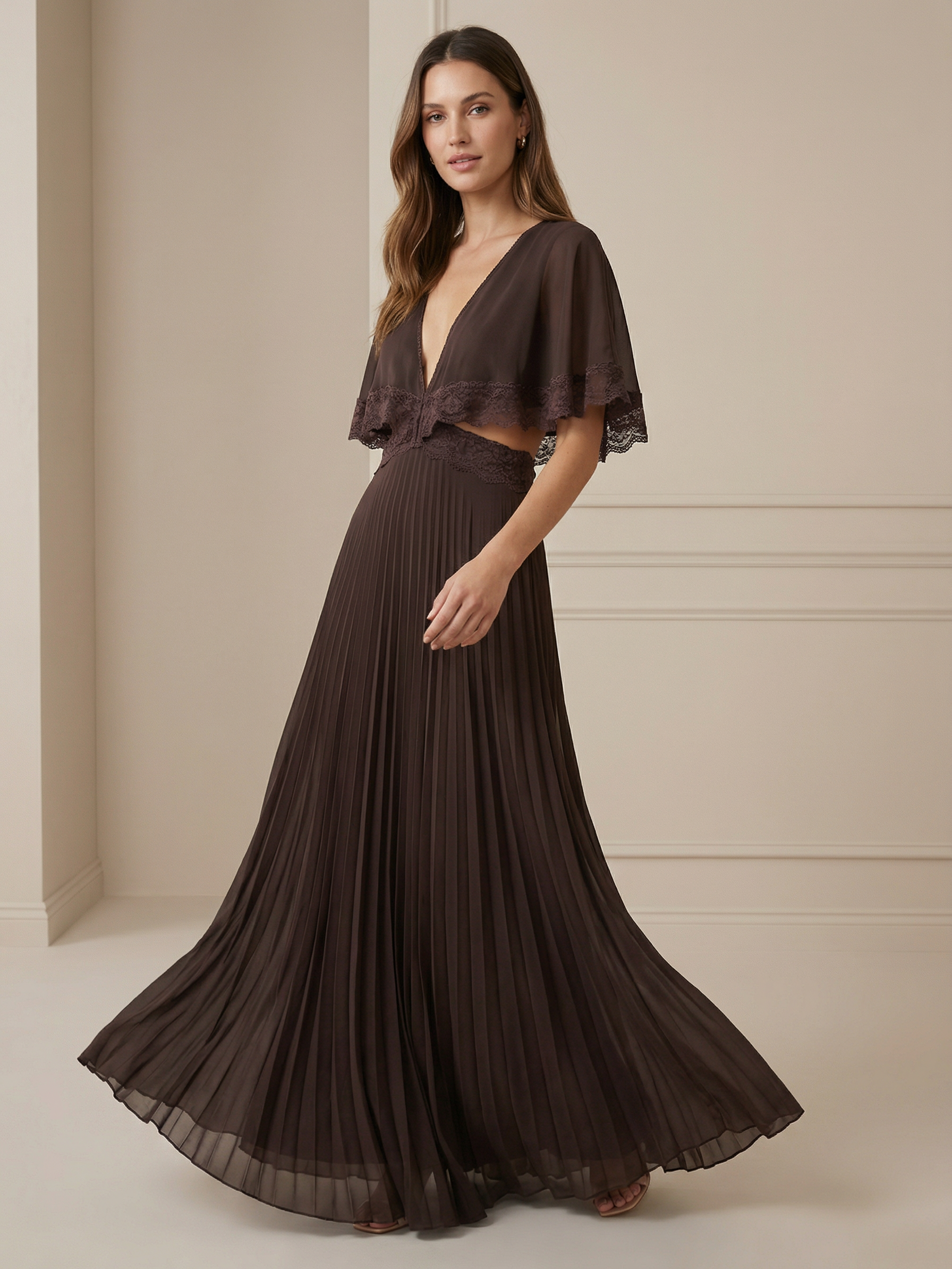 Lace Trim Pleated Cape Sleeve Maxi Dress