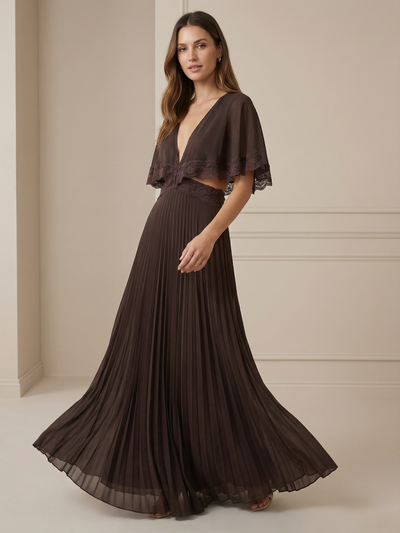 Lace Trim Pleated Cape Sleeve Maxi Dress