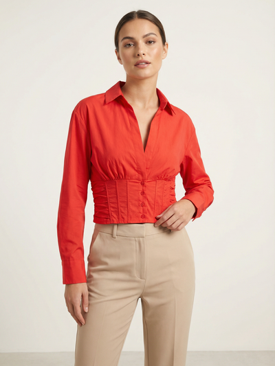 Red Corset‑Detail Shirt Top
