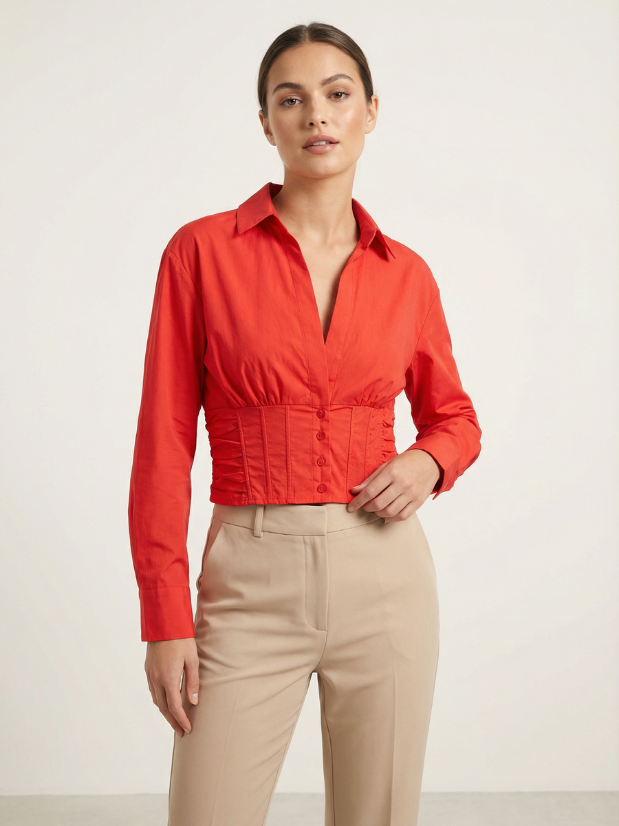 Red Corset‑Detail Shirt Top