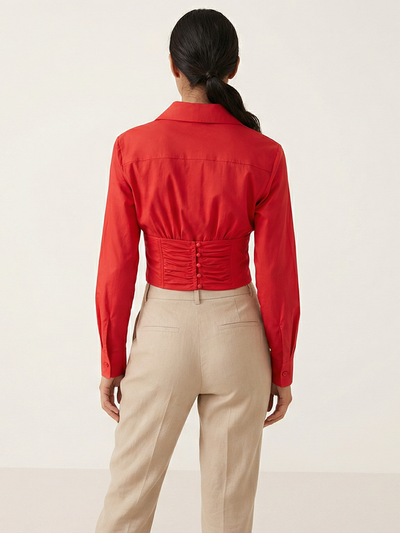 Red Corset‑Detail Shirt Top