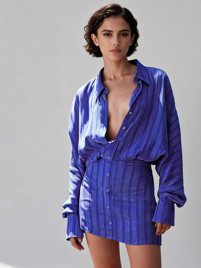 Azure Shirt Mini Dress with blue vertical stripes, button-down front, long sleeves