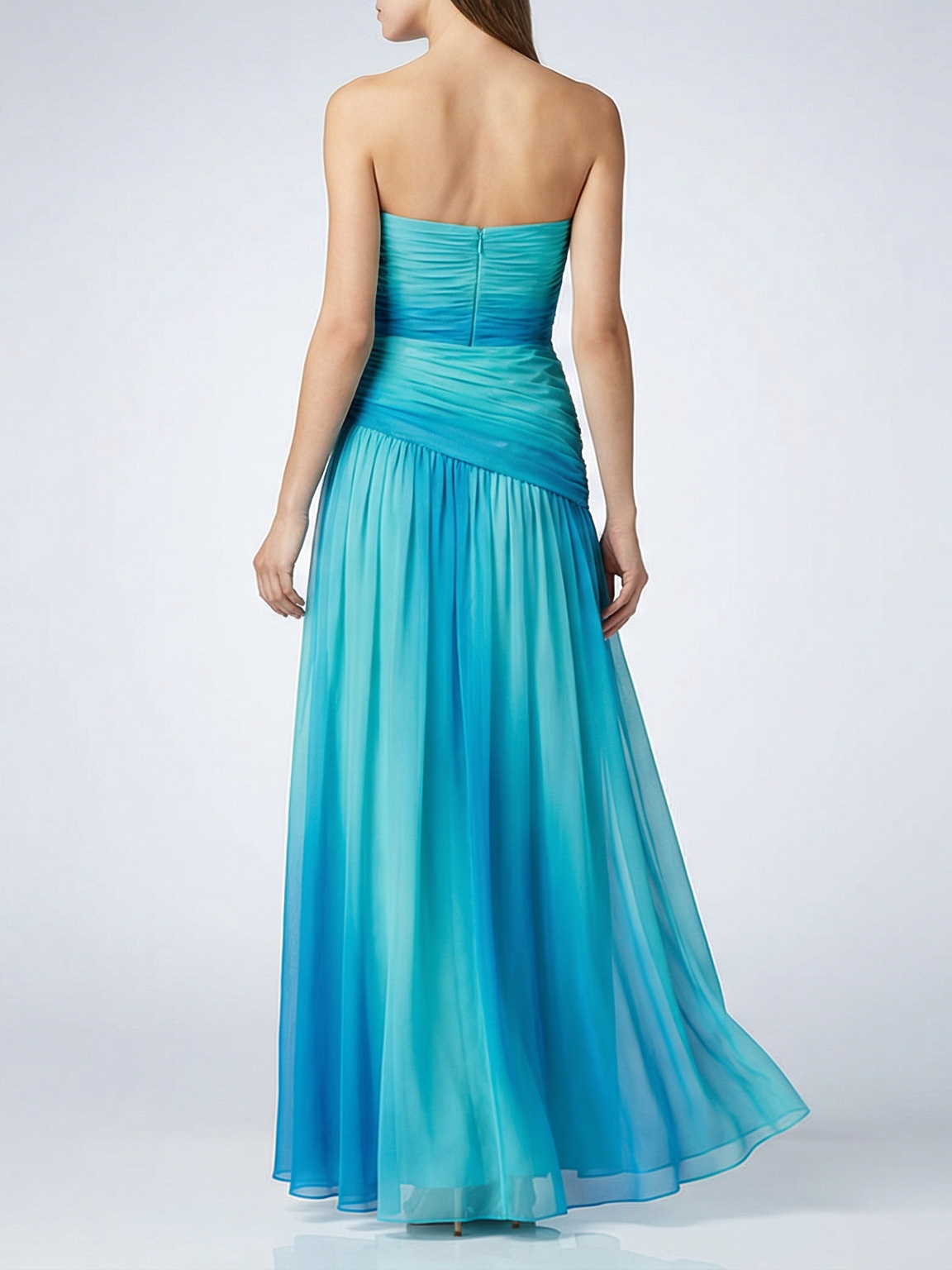 Back view of strapless ombré ruched chiffon maxi dress with gradient teal to blue, zipper at back, flowing skirt.