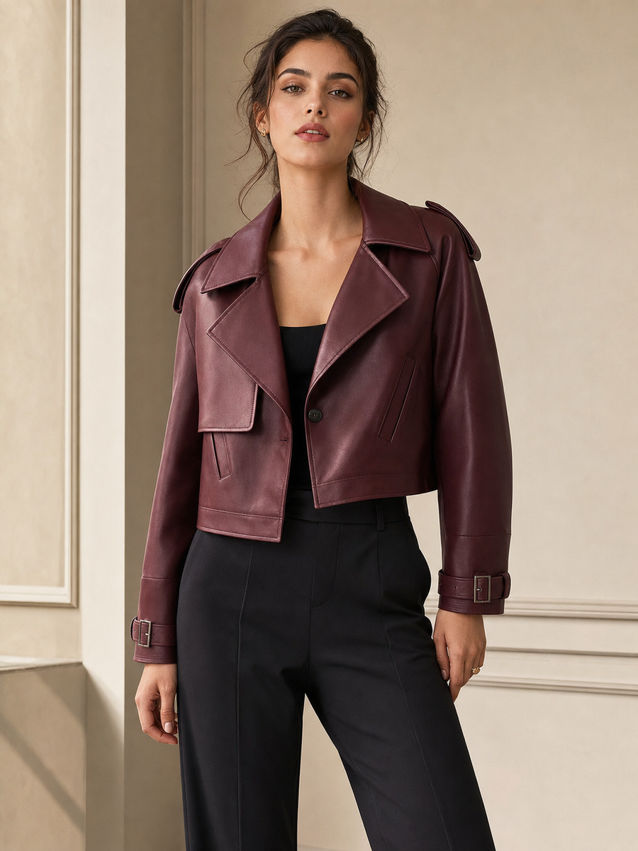 PU Leather Crop Jacket With Belt by EXCLUSIVES, burgundy motorcycle outerwear with wide lapels