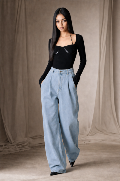 Cropped halter long-sleeve bodysuit in black with light-wash wide-leg jeans (2-piece outfit)