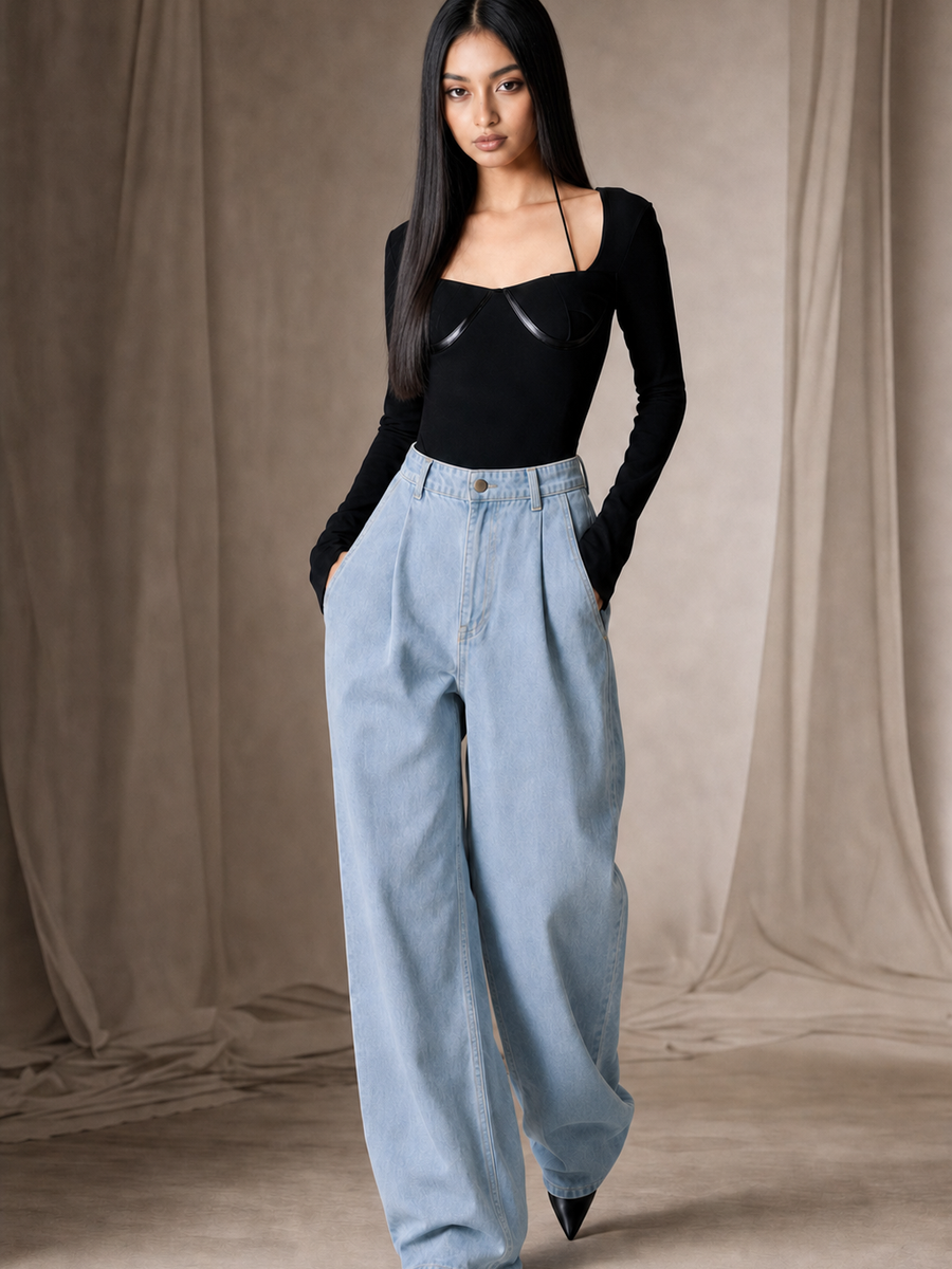 Cropped halter long-sleeve bodysuit in black with light-wash wide-leg jeans (2-piece outfit)