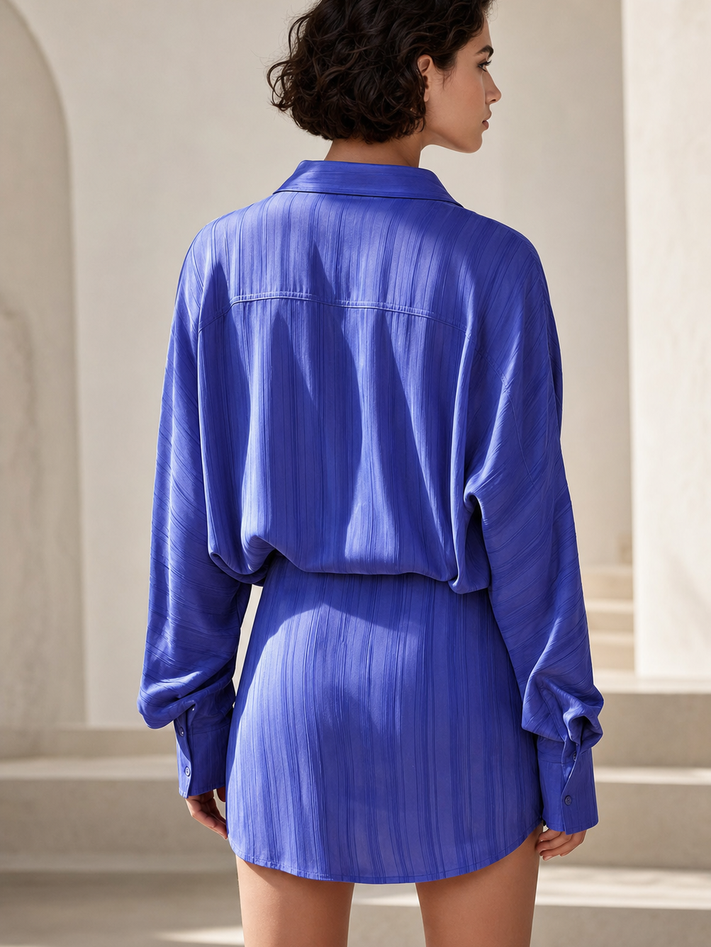 Azure shirt mini dress by Exclusives in blue satin, long sleeves, back view